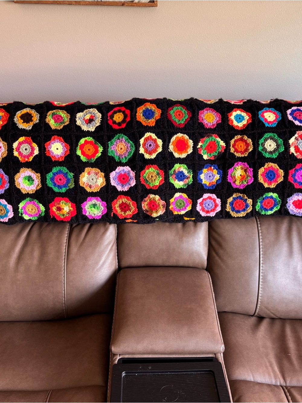 Handmade Multicolor Crochet Granny Square Throw - Black Background